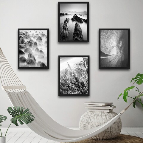 Set 4 tablouri decorative, Black & White Set, PAL, Hartie, Multicolor Bystag