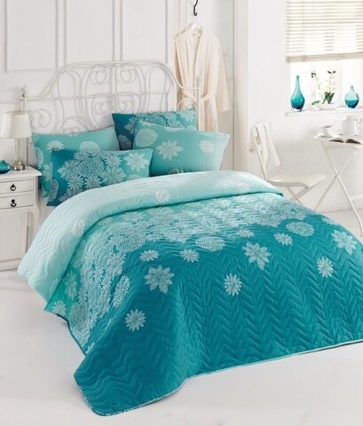 Set cuvertura de pat dubla matlasata, eponj home, simay turquoise, 3 piese, 65% bumbac, 35% poliester, turcoaz/alb
