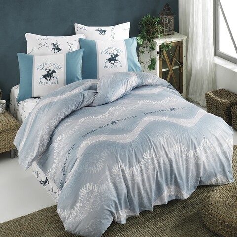 Lenjerie de pat dubla King Size, Beverly Hills Polo Club Turquoise, 100% bumbac ranforce, 4 piese, Alb/Turcoaz /100