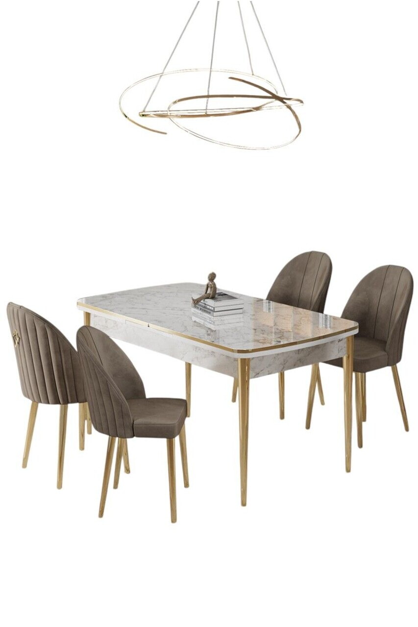Set masa extensibila si scaune (5 piese), Hanah Home, Rada, Model de marmură albă / Auriu / Cappuccino — imaginea 2