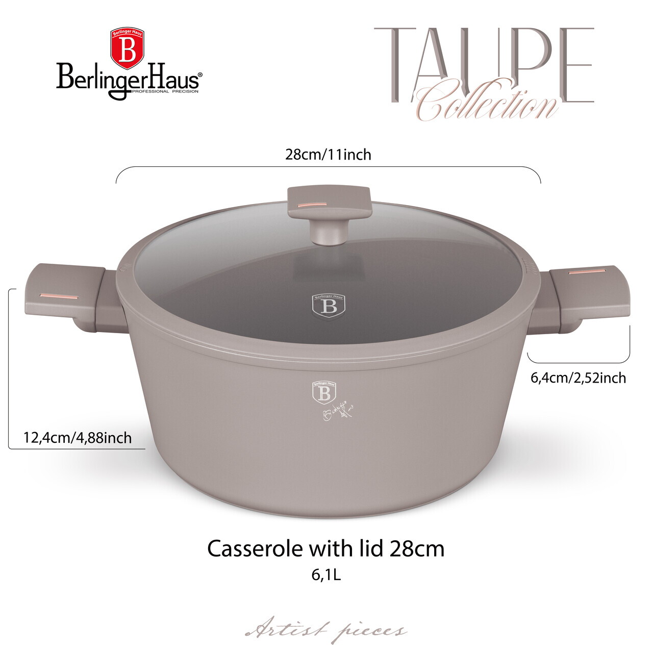 Oala cu capac Berlinger Haus, Taupe, 28 cm, 6.1 L, aluminiu forjat, taupe mat - imagine 10