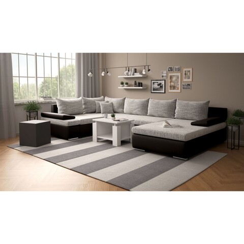 Coltar extensibil cu sezlong interschimbabil, Oliver, 332 x 207/171 x 88/71 cm, piele ecologica/stofa, negru/gri