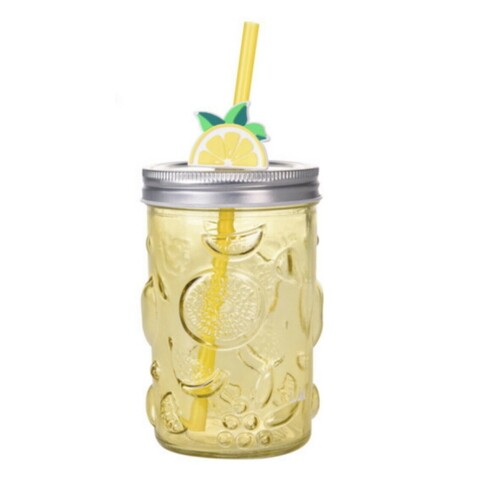 Pahar cu pai Lemon, 500 ml, 10.5x11 cm, sticla, galben