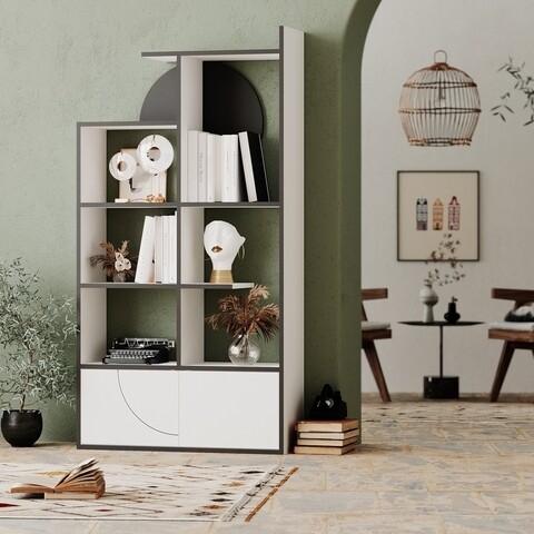 Biblioteca half, decortie, 85x30x164 cm, pal melaminat, alb/antracit