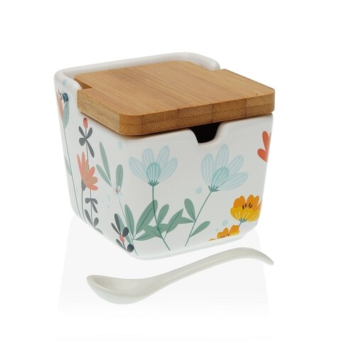 Zaharnita cu capac si lingurita Flowers, Versa, 8.8 x 8.8 x 10.3 cm, ceramica