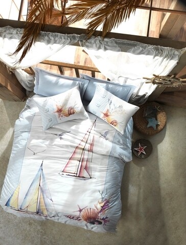 Lenjerie de pat dubla yacht - blue, cotton box, 4 piese, bumbac ranforce, albastru