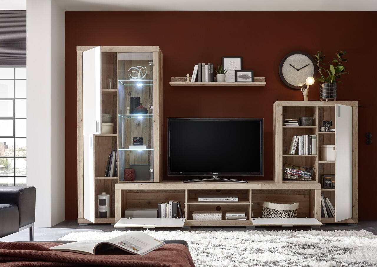 Mobilier Pentru Living, Luna, 1 X Polita, 1 X Comoda, 2 X Dulapuri, PAL, Bej/alb