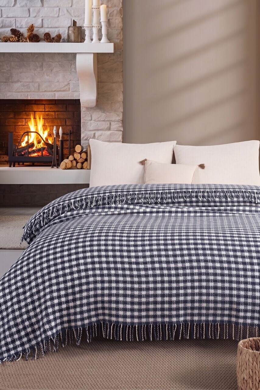 Patura Single, L'essentiel Maison, Ekose B, Albastru inchis/Alb
