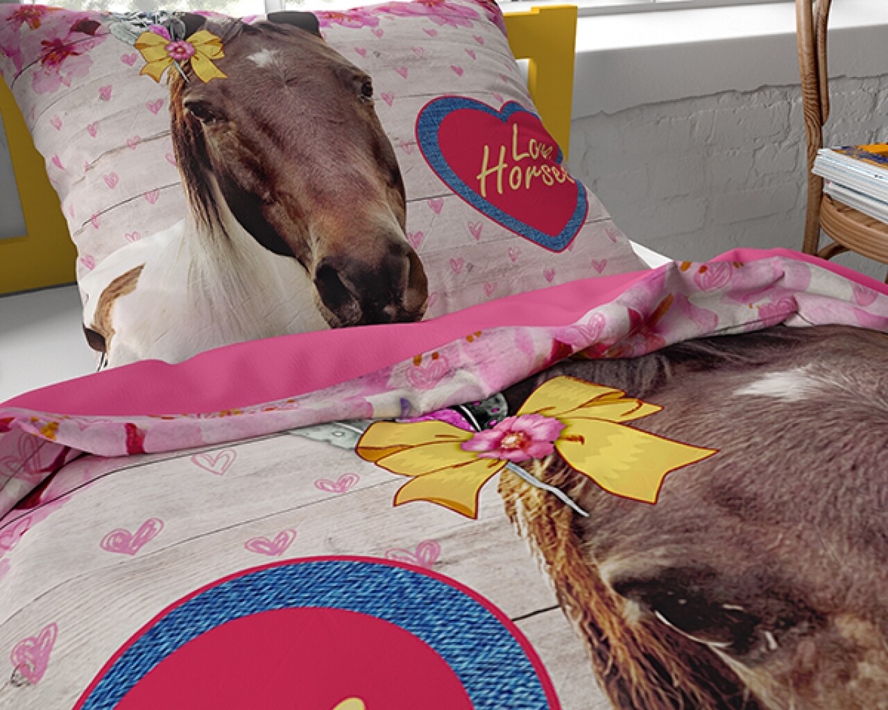 Lenjerie De Pat Pentru O Persoana, Love Horse Pink, Dreamhouse, 2 Piese, 100% Bumbac, Multicolora