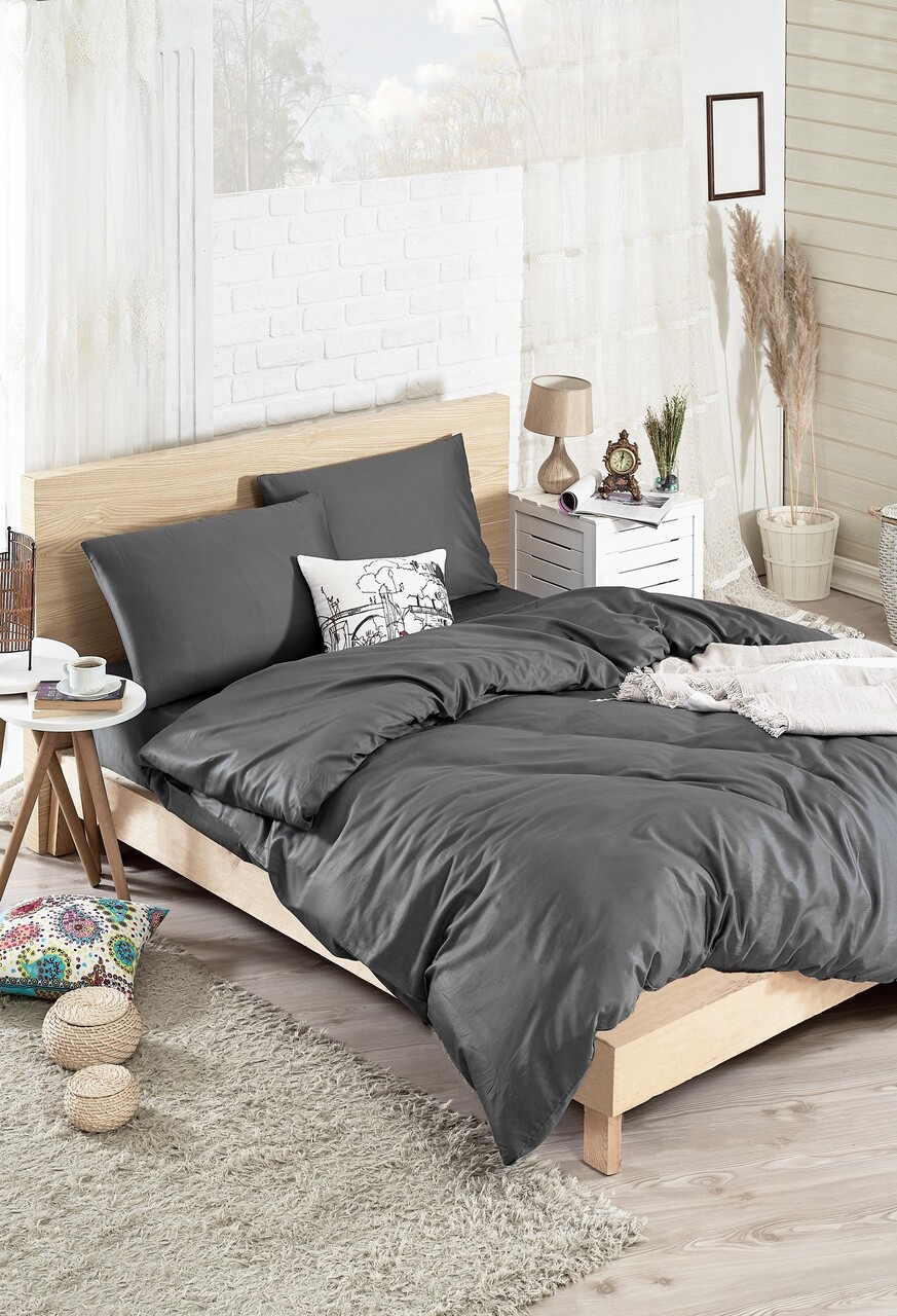 Lenjerie de pat dubla, Basic - Fume, EnLora Home, 65% bumbac/35% poliester