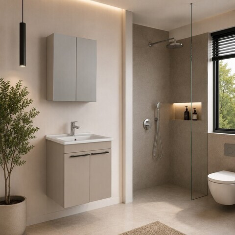 Set Dulap de Baie cu Chiuvetă și Oglindă (2 Piese), Hanah Home, Snap 60, Latte