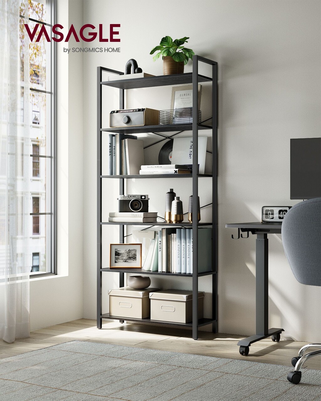 Biblioteca cu 6 rafturi, Vasagle, Industrial, 80x30x186 cm, otel/PAL, negru