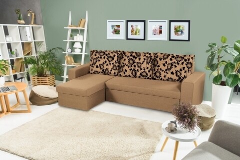 Coltar extensibil reversibil Oslo Cappuccino Black Flower Bedora, cu lada de depozitare, 247x148x78 cm