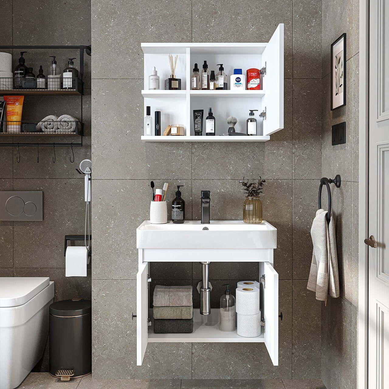 Set Dulap de Baie cu Chiuvetă și Oglindă (2 Piese), Hanah Home, 2677, PAL MELAMINAT, Alb — imaginea 3