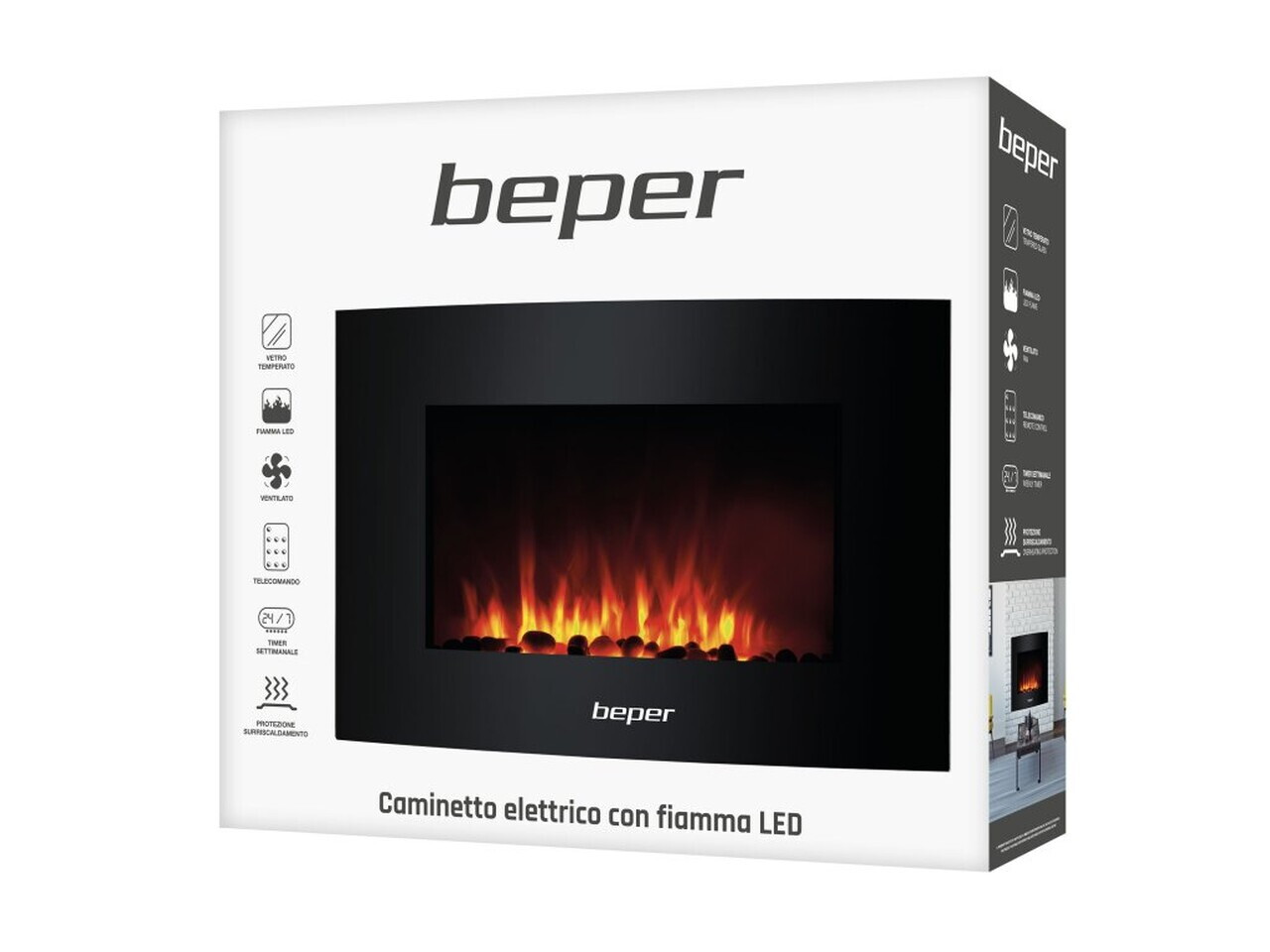 Semineu electric Beper, 1750W-2000W, 66x15x52 cm, otel/sticla temperata, negru — imaginea 5
