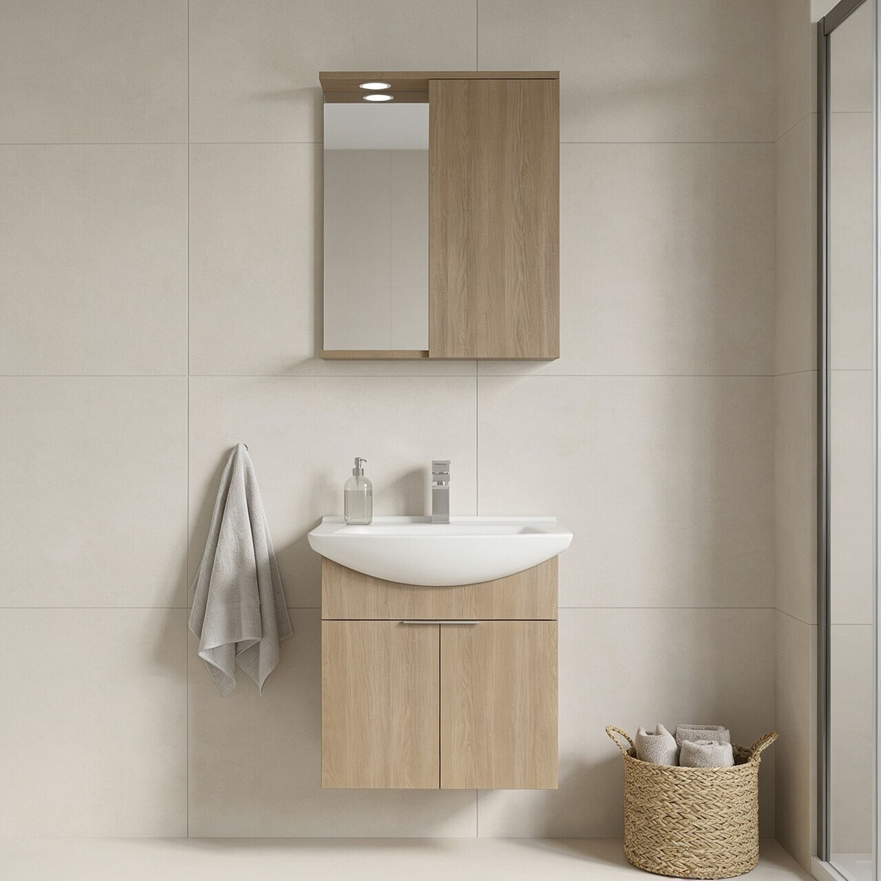 Set Dulap de Baie cu Chiuvetă și Oglindă (2 Piese), Hanah Home, Purus 55, Stejar