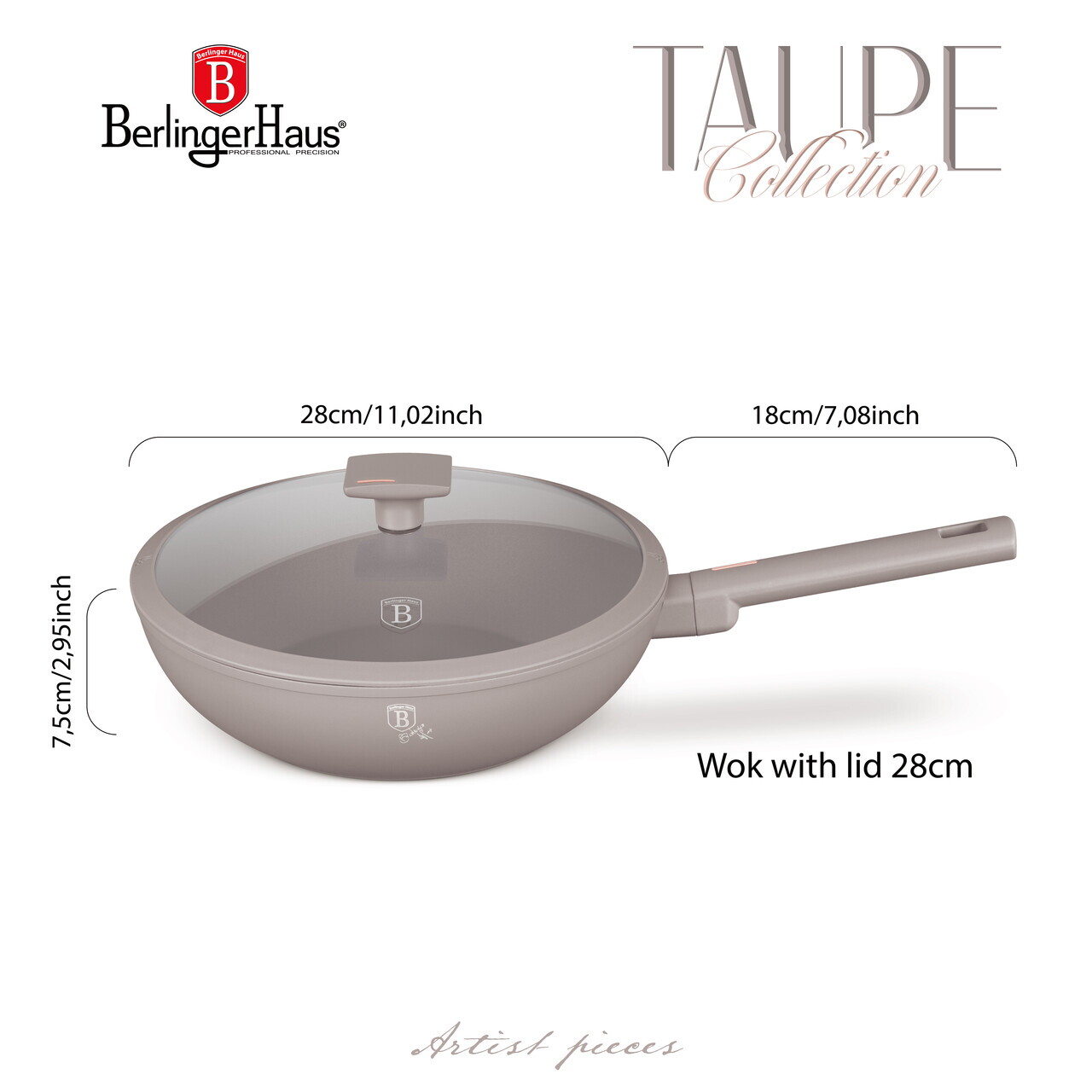 Tigaie Wok cu capac Berlinger Haus, Taupe, 28 cm, 3.2 L, aluminiu forjat, taupe mat - imagine 10
