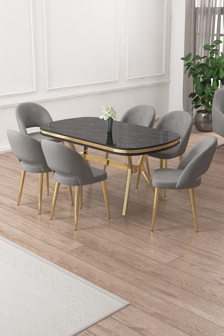 Set masa si scaune (7 piese), Hanah Home, Jita, Sonata / Auriu / Gri