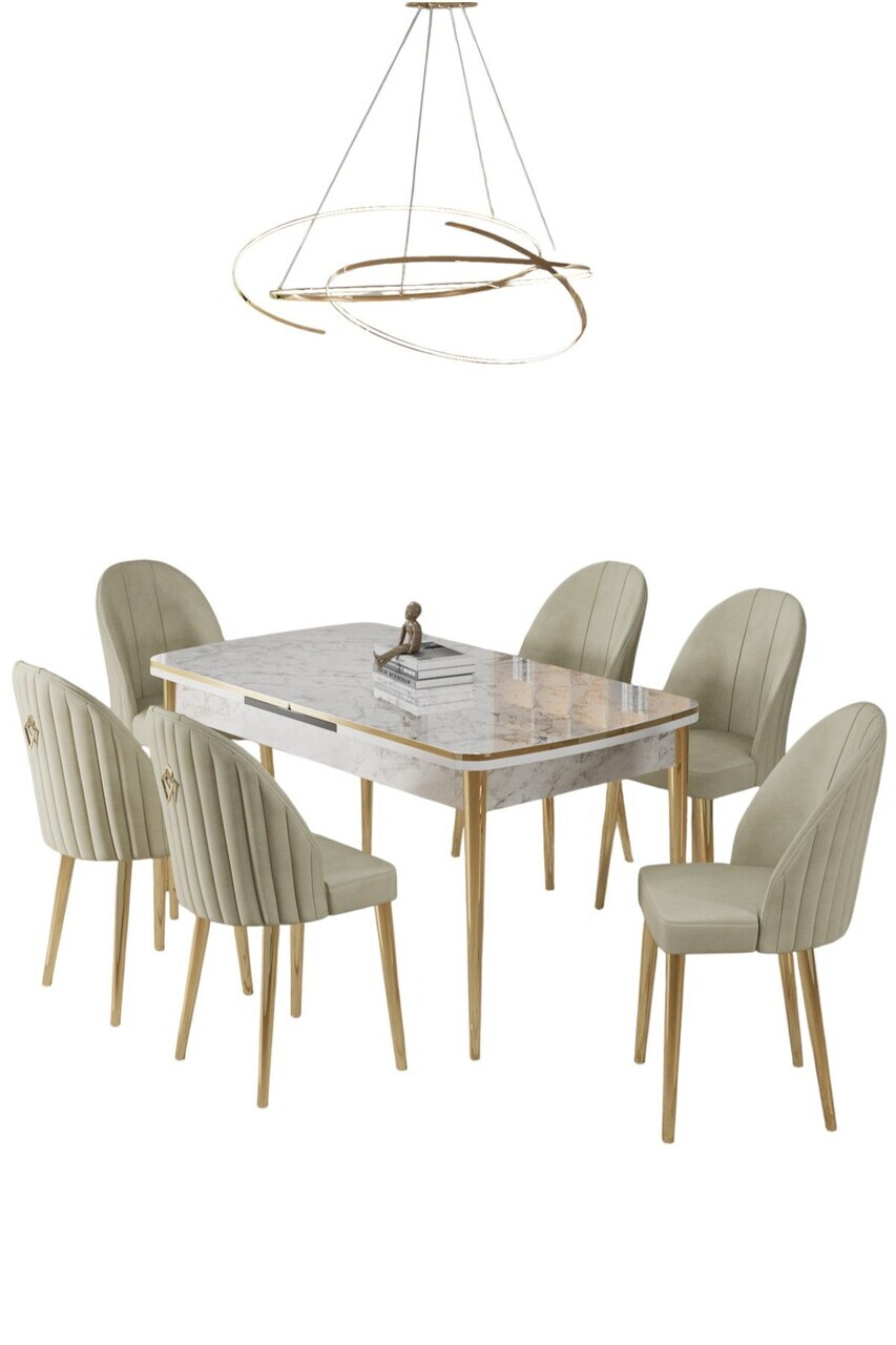 Set masa extensibila si scaune (7 piese), Hanah Home, Rada, Model de marmură albă / Auriu / Crem — imaginea 2