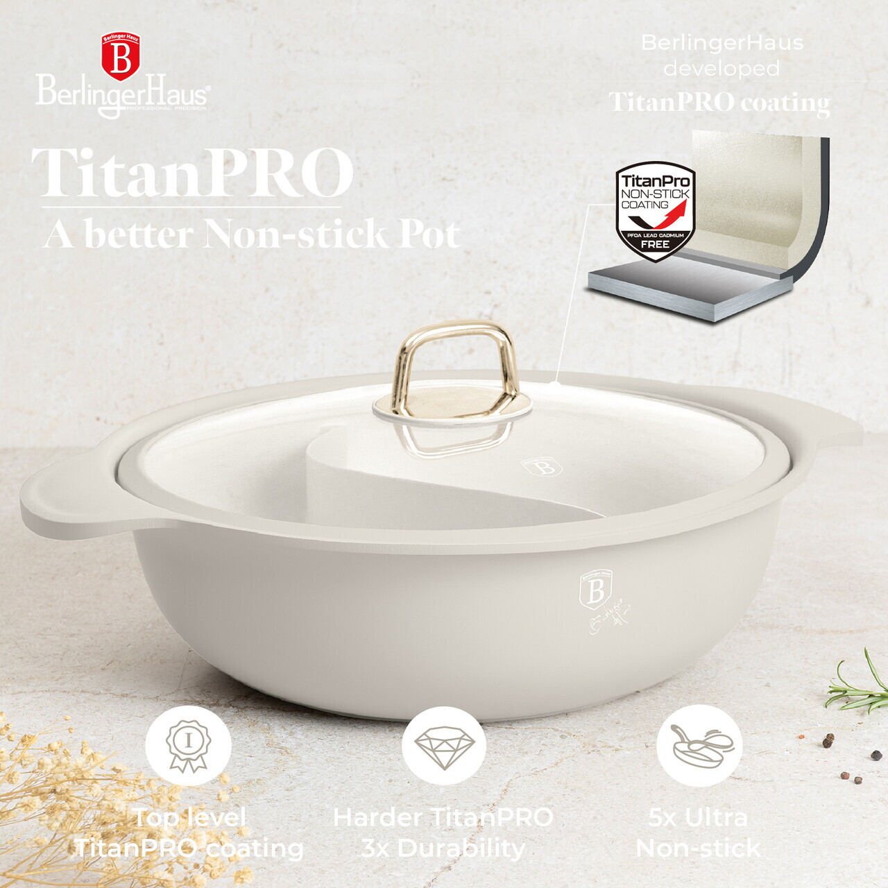 Oala cu capac Berlinger Haus, Sahara, 30x10 cm, 4.2 L, aluminiu turnat, crem mat - imagine 12