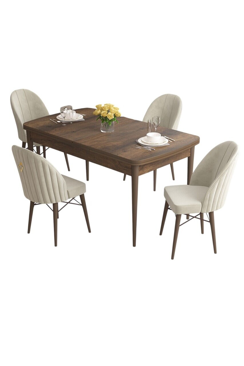 Set masa extensibila si scaune (5 piese), Hanah Home, Roz, Model baroc din lemn / Crem — imaginea 2