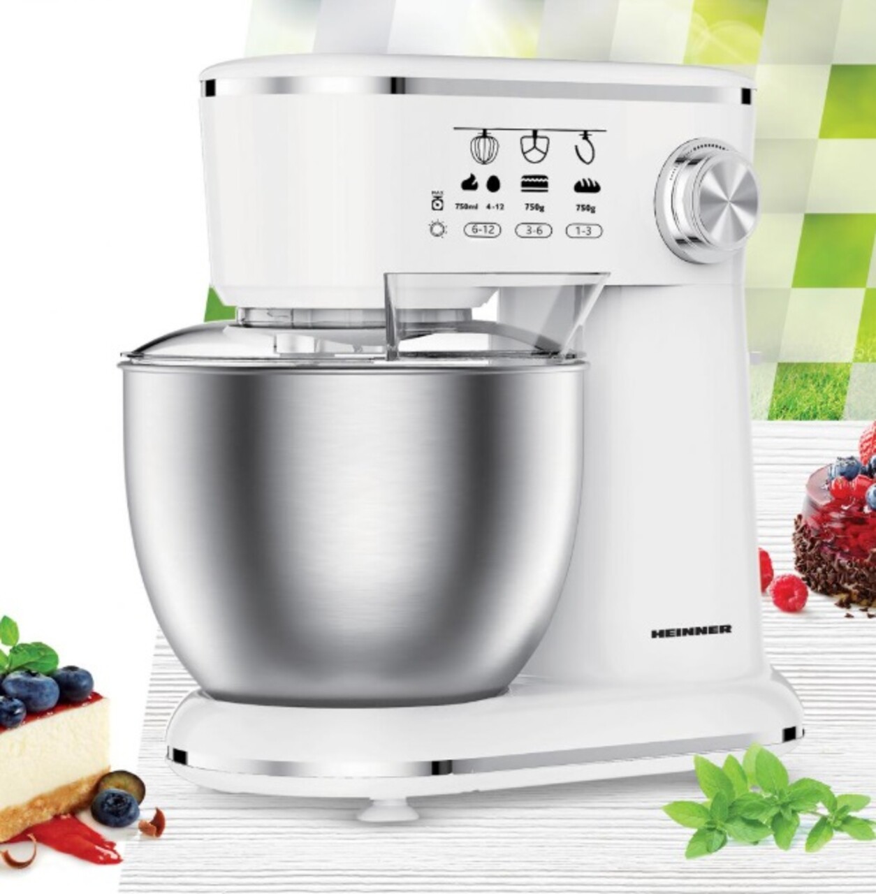 Mixer planetar Heinner 1000W 5L alb/argintiu