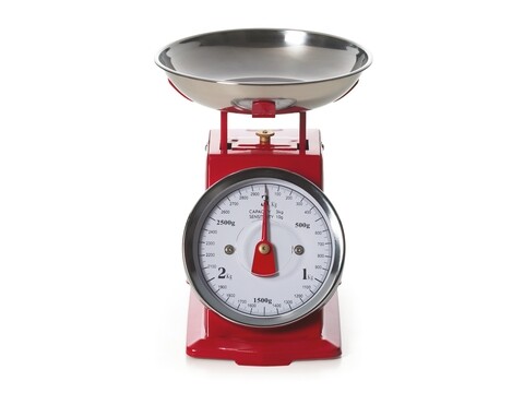 Cantar de bucatarie mecanic, Vintage, Excelsa, 3 kg, 10 g, inox, rosu