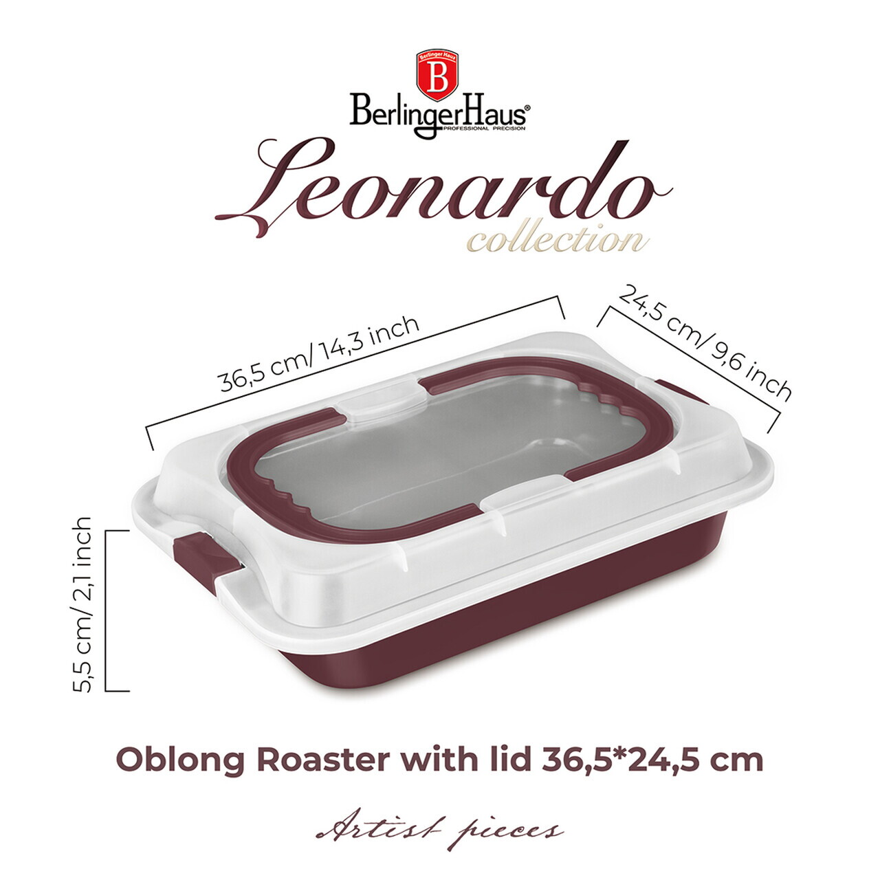 Tava cu capac Berlinger Haus, Leonardo, 36.5x24.5x5.5 cm, otel carbon/plastic, visiniu mat - imagine 8