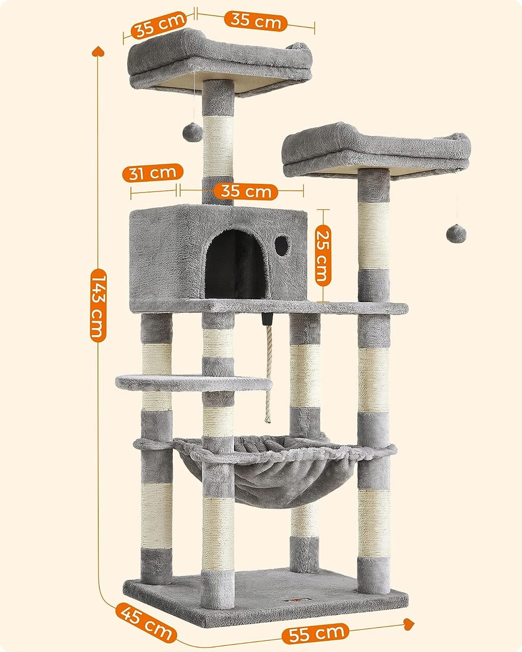 Ansamblu de joaca pisici / arbore pentru pisici, Feandrea, 55 x 45 x 143 cm, gri
