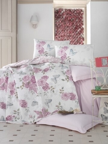 Lenjerie de pat matlasata pentru 2 persoane, 4 piese, 100% bumbac ranforce, cotton box, rosella