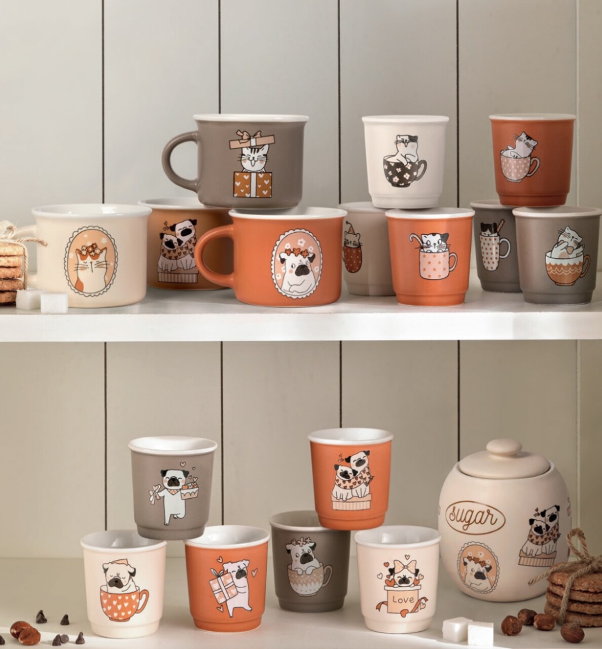 Set 4 cesti de cafea espresso, Cani E Gatti, Brandani, 8x5.5 cm, portelan New Bone China