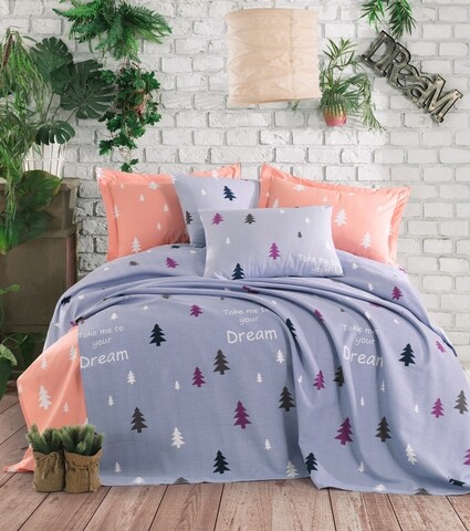 Set lenjerie de pat + cuvertura dubla takeme - light blue, enlora home, 4 piese, bumbac, albastru