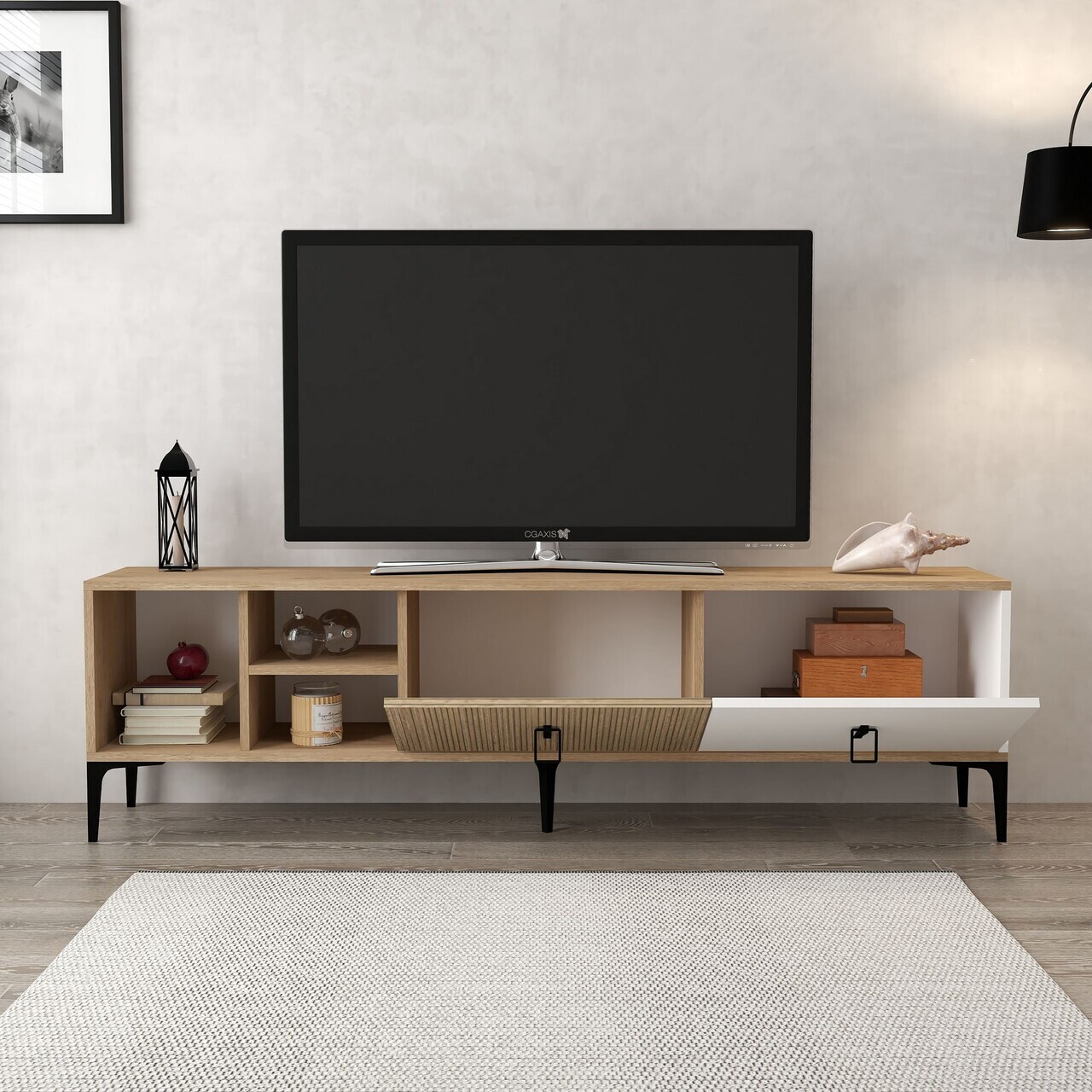 Comoda TV, Hanah Home, Era 3806, 180x50x35 cm, PAL, Stejar / Alb — imaginea 2