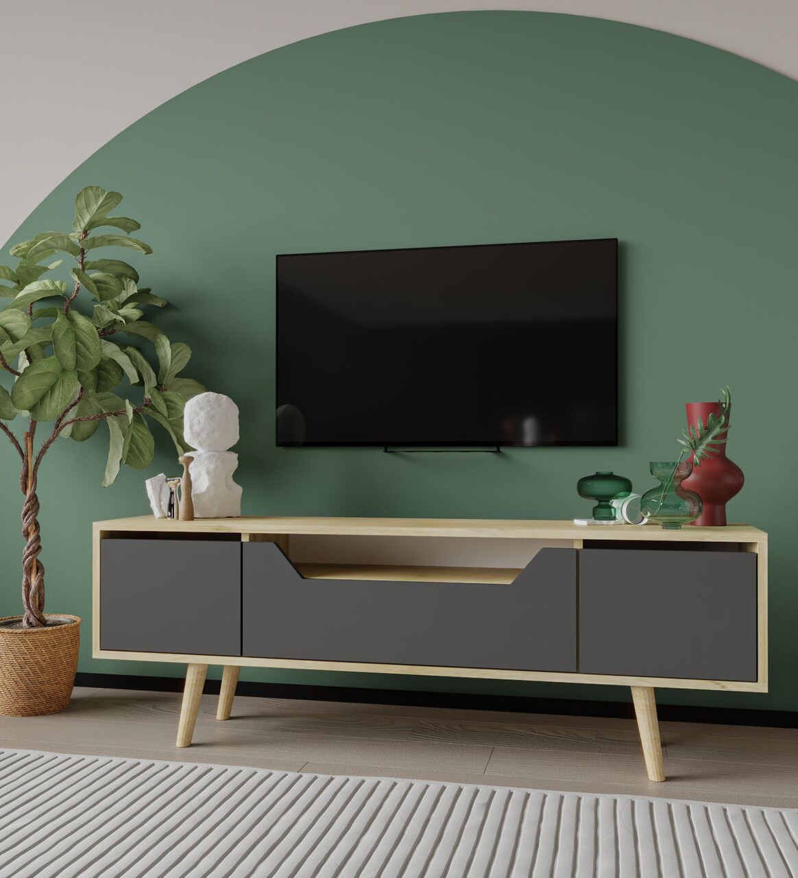 Comoda TV, Hanah Home, Roma 150, 150x53x29.8 cm, PAL, Stejar safir / Antracit - imagine 2