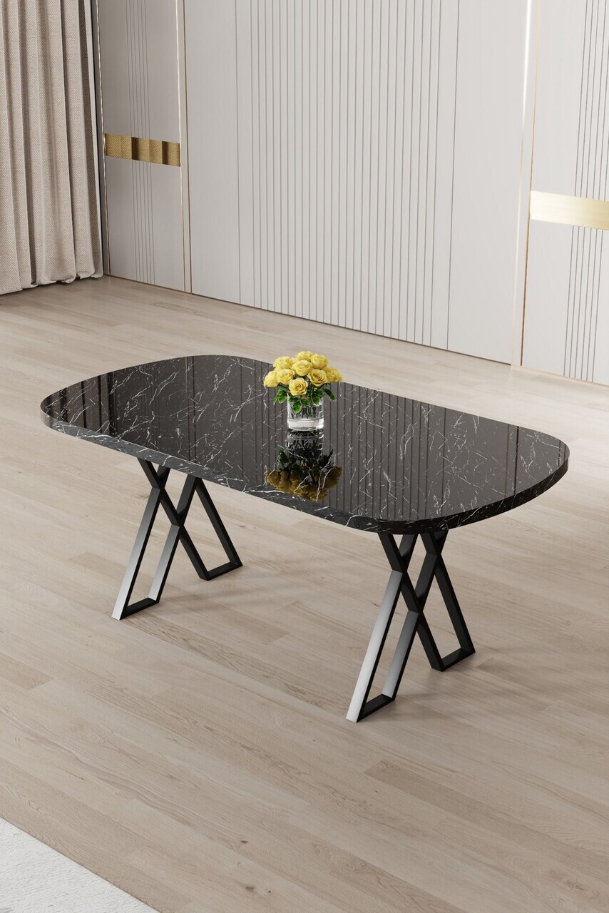 Masa, Hanah Home, Flori, 168x76x90 cm, Model de marmură neagră / Negru