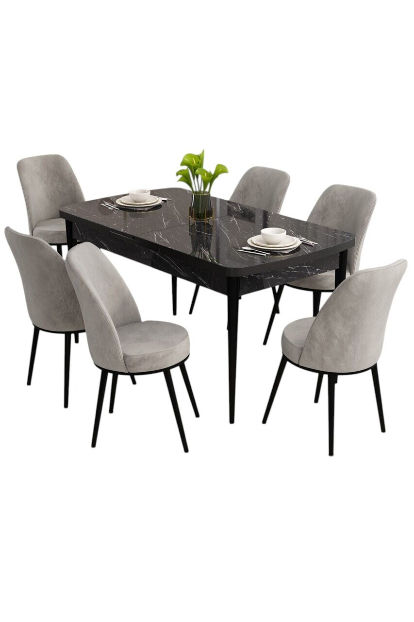Set masa extensibila si scaune (7 piese), Hanah Home, Nix, Model de marmură neagră / Gri — imaginea 2
