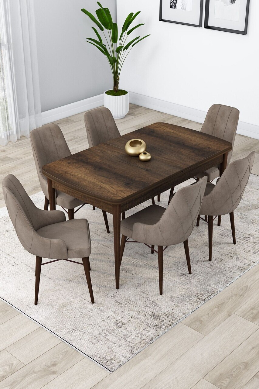 Set masa extensibila si scaune (7 piese), Hanah Home, Lia, Model baroc din lemn / Cappuccino