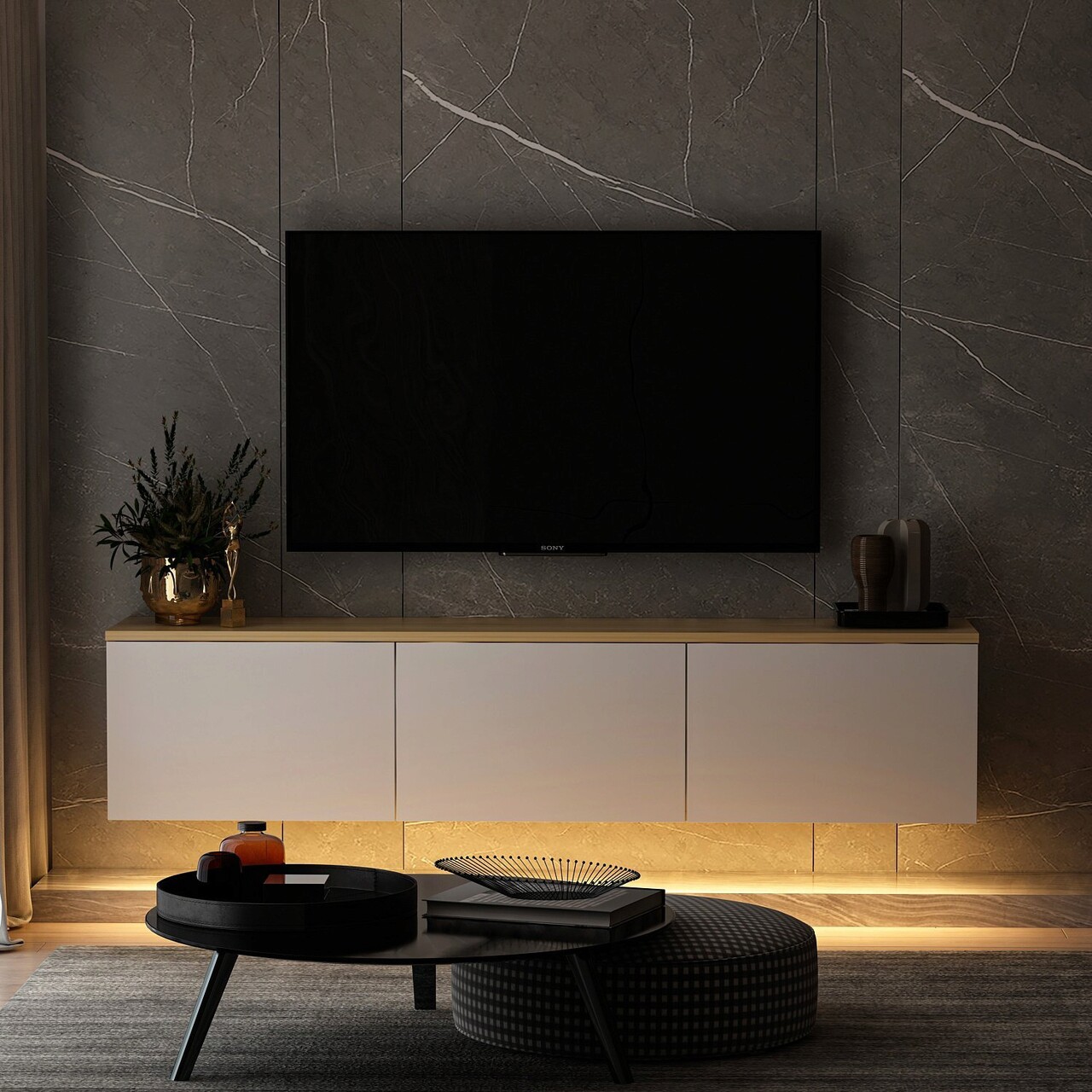 Comoda TV, Inarch, Neon, 160x35x32 cm, Stejar alb - 1 | YEO