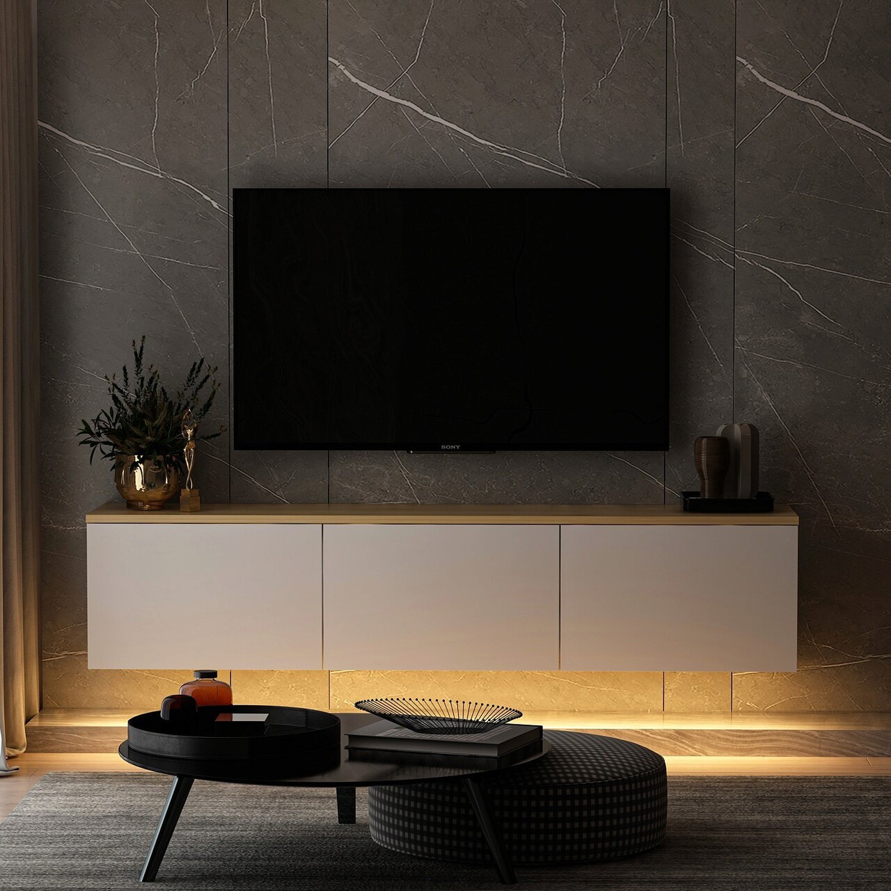 Comoda TV, Inarch, Neon, 160x35x32 Cm, Stejar Alb