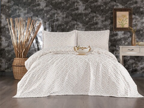 Set cuvertura de pat dubla 3 piese, Merlin - Cream, Whitney, Tesatura Chenille