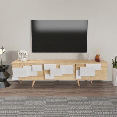 Comoda tv, zena home, 3 d, 160x45x35 cm, pal, stejar / alb