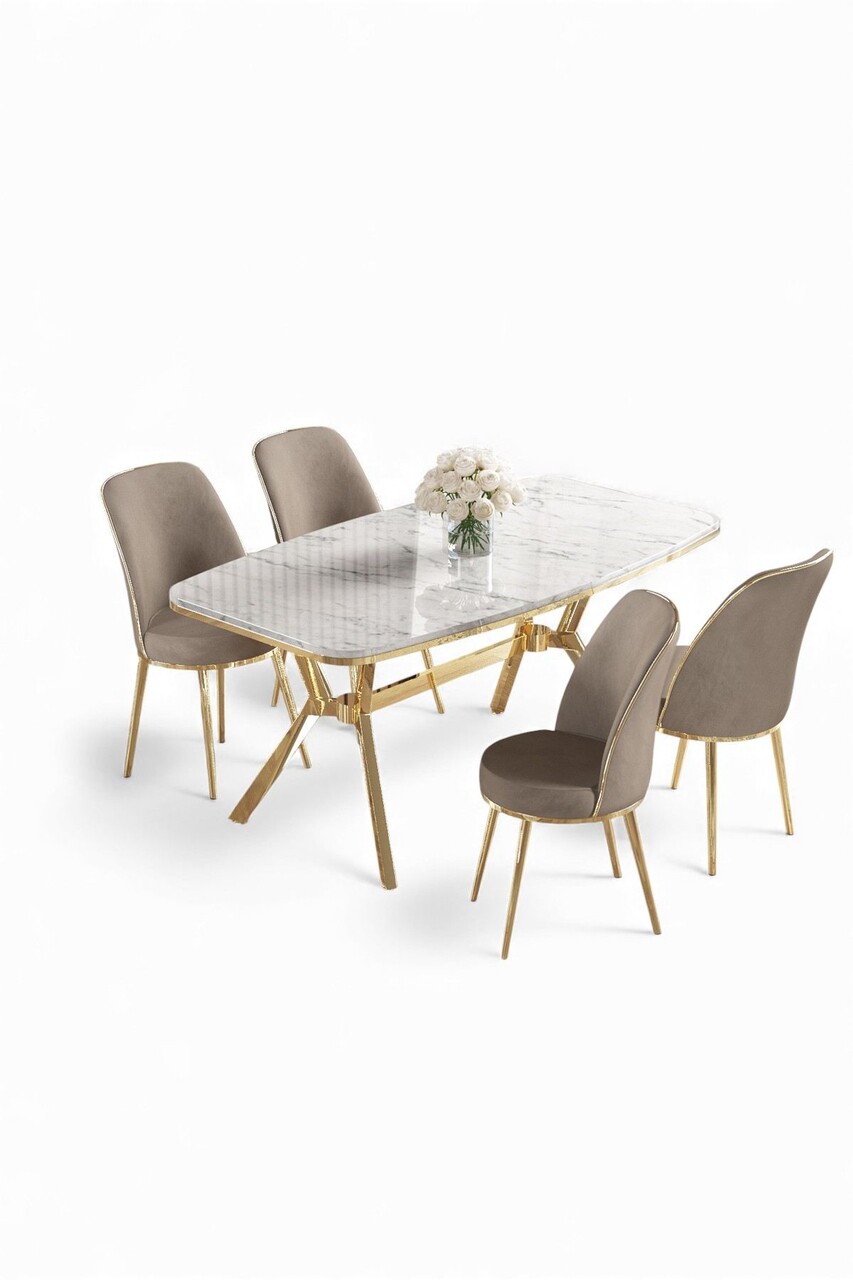 Set masa si scaune (5 Pieces), Hanah Home, Cu tine, Marmură albă / Auriu / Cappuccino - view 2