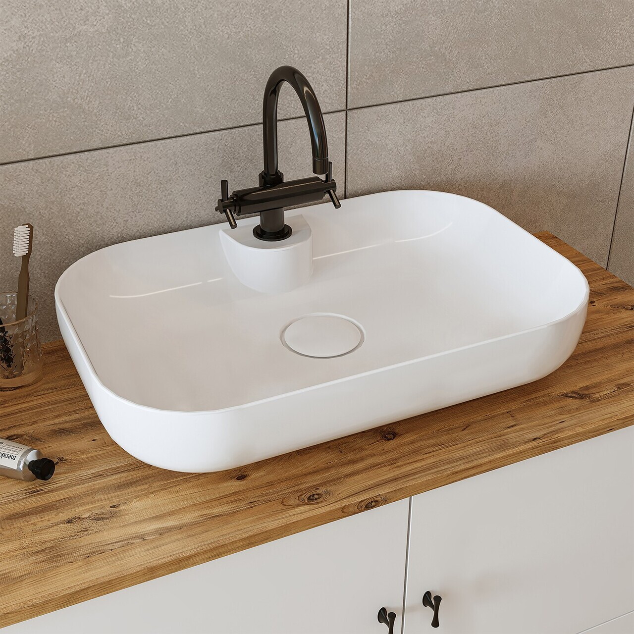 Dulap de baie cu chiuvetă, Hanah Home, 2380, 80x72x45 cm, MDF-LAM, Alb mat — imaginea 5