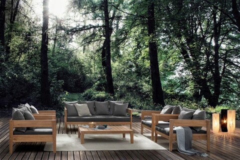 Fotoliu pentru gradina/terasa Kobo, Bizzotto, 90 x 90 x 79 cm, lemn de tec certificat Fsc/tesatura Arashi, gri carbune