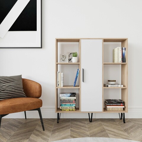 Corp biblioteca, zena home, peoria, 120x123.6x25 cm, pal, stejar / alb