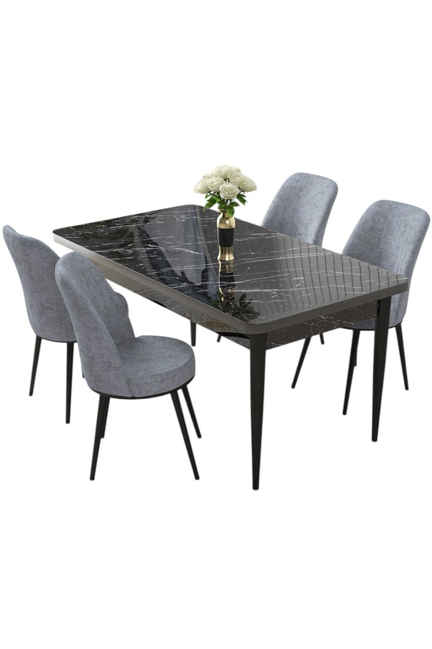 Set masă și scaune (5 bucăți), Hanah Home, Nil, Marmură neagră / Gri - view 2