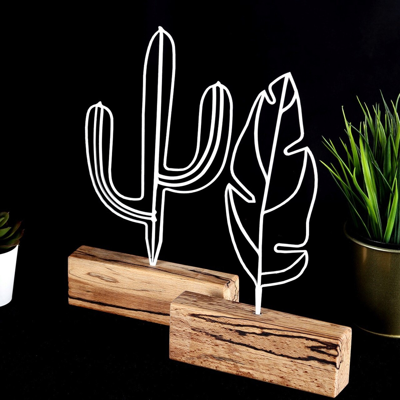 Set 2 decoratiuni, Cactus Feather Mini Set, Metal, Alb