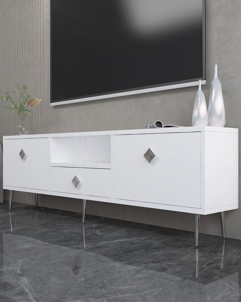 Comoda TV, Hanah Home, 1308-DROP-1, 140x45x30 cm, PAL , Alb / Argintiu - view 2
