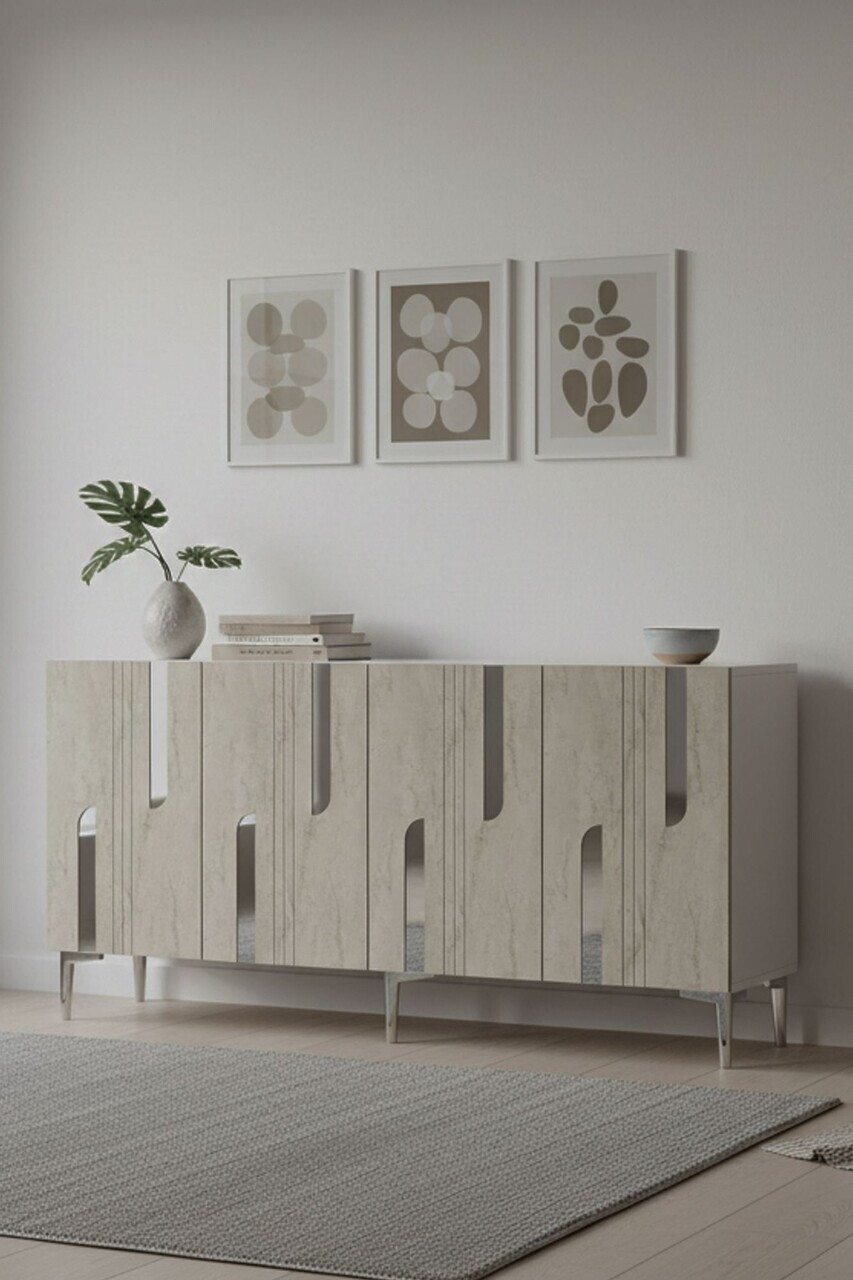 Consola, Hanah Home, Nota 150, 150x75x32 cm, White / Travertine / Silver
