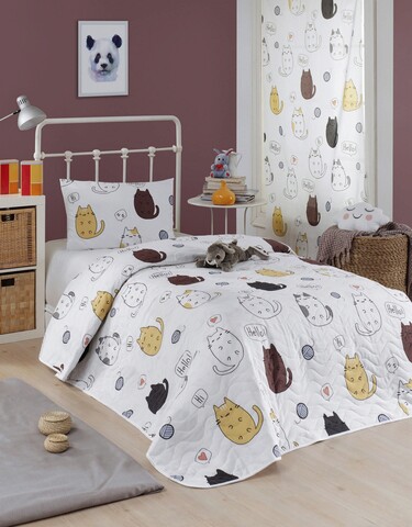 Set cuvertura matlasata single 160x220 cm, 2 piese, hello cats - white, eponj home, 65% bumbac/35% poliester